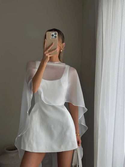 Vivienne Sheer Tulle Cape A-Line Mini Dress in White