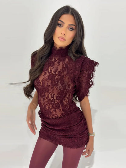 Sophia Lace Mini Dress in Brown