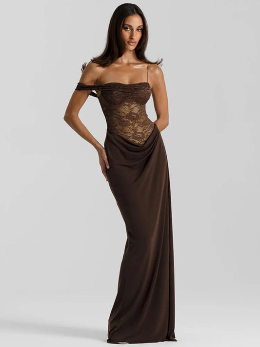 Elarae Spaghetti-Strap Lace Maxi Dress in Brown
