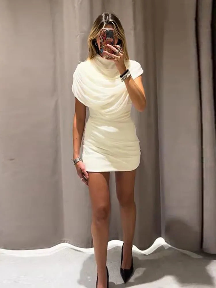 Dora Draped High Neck Sculpted Mini Dress in White