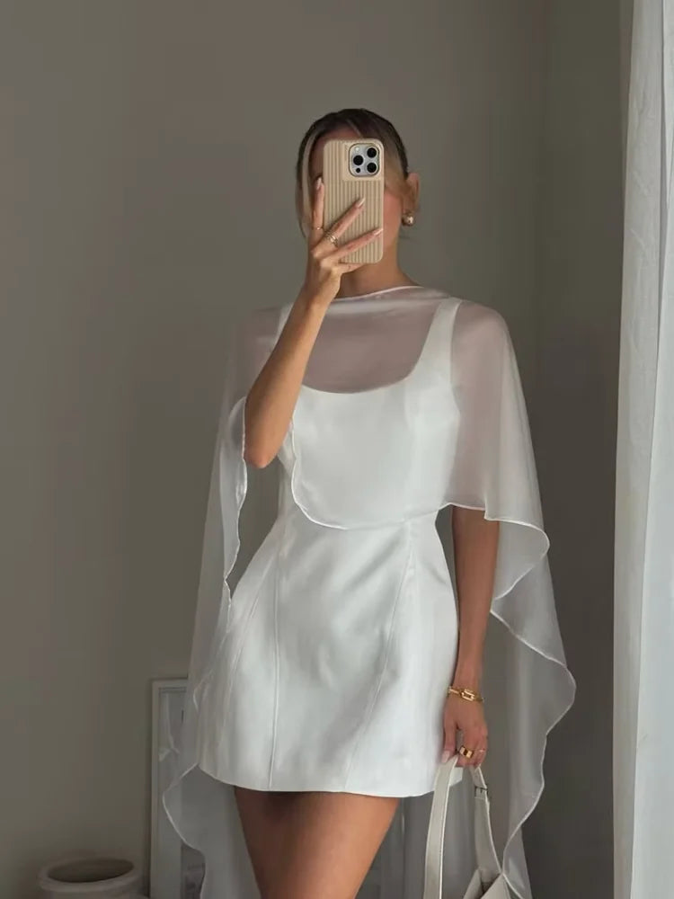 Vivienne Sheer Tulle Cape A-Line Mini Dress in White