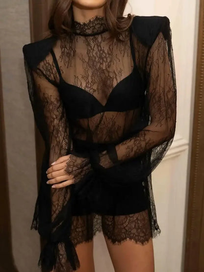 Eleanor Lace Long Sleeve Mini Dress in Black