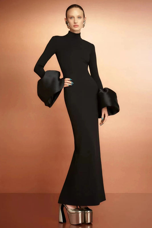 Aurora Embellished Cuff Long-Sleeve Turtleneck Maxi Dress in Black