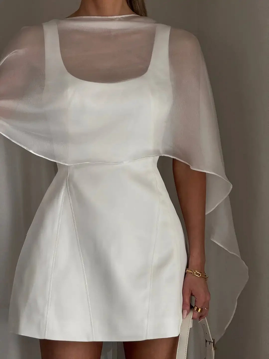Vivienne Sheer Tulle Cape A-Line Mini Dress in White