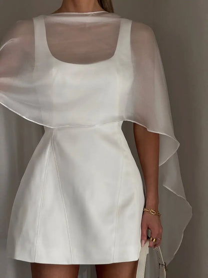 Vivienne Sheer Tulle Cape A-Line Mini Dress in White