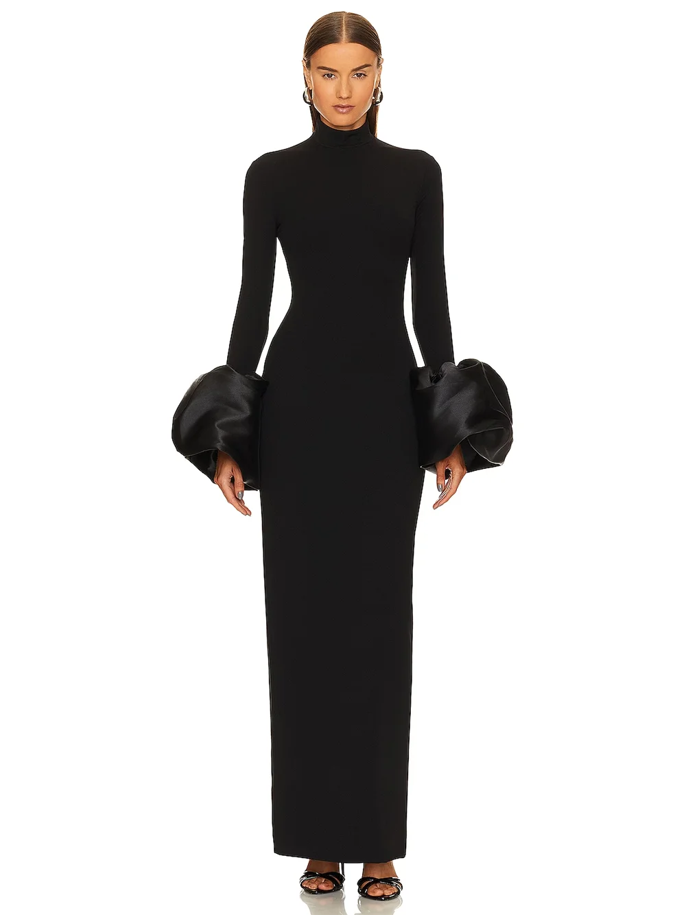 Aurora Embellished Cuff Long-Sleeve Turtleneck Maxi Dress in Black