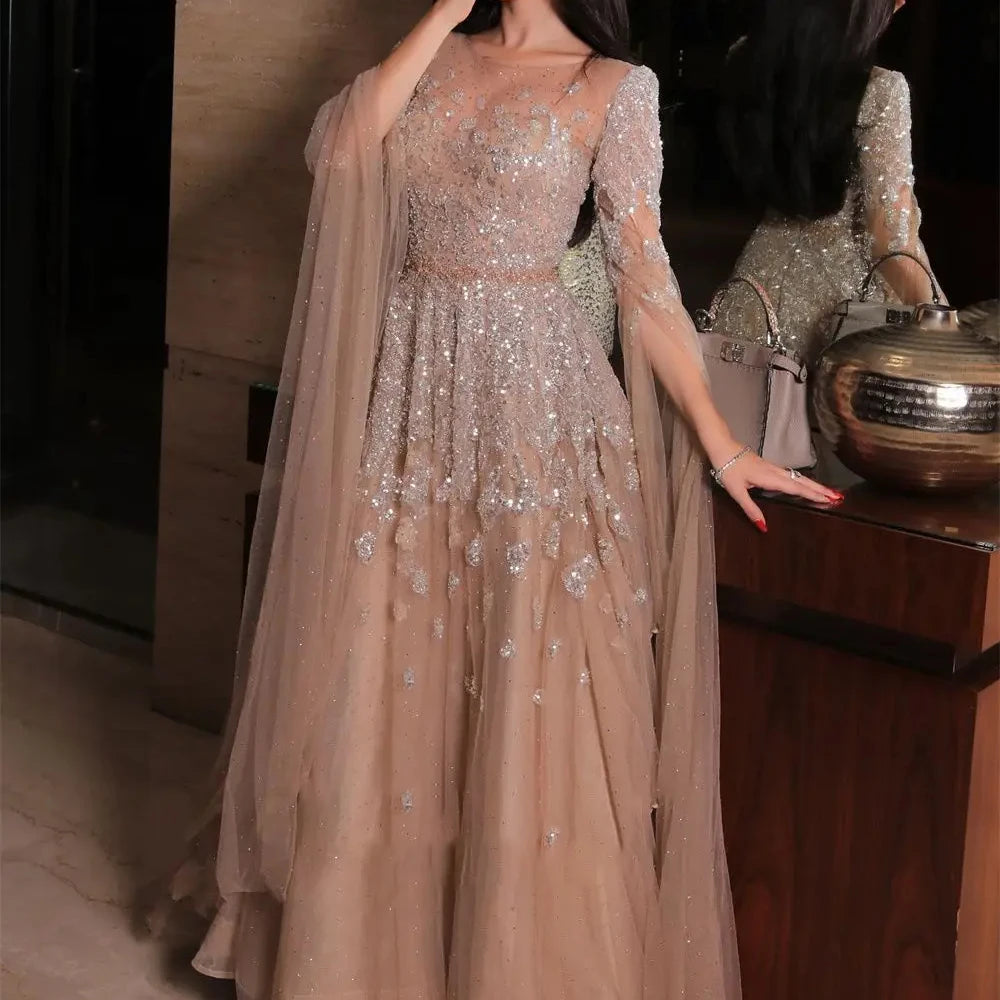 Batwing Sleeve Sequin Applique Prom Gown - A-Line Tulle Evening Dress