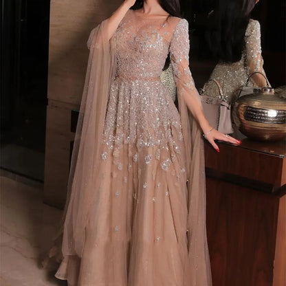 Batwing Sleeve Sequin Applique Prom Gown - A-Line Tulle Evening Dress