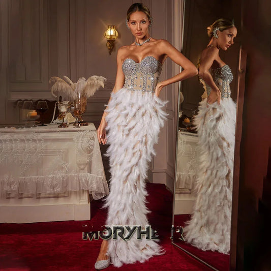 Bianca Crystal-Embellished Feather-Trim Maxi Dress in White