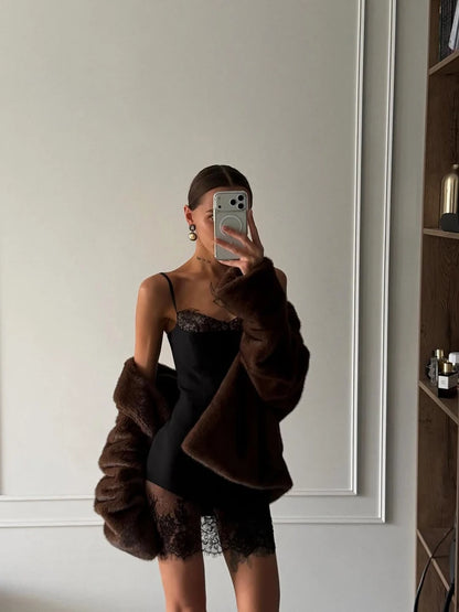 Riviera Spaghetti-Strap Lace Mini Dress in Black