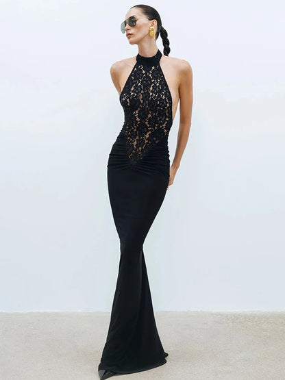 Adriana Lace Mermaid Maxi Dress in Black