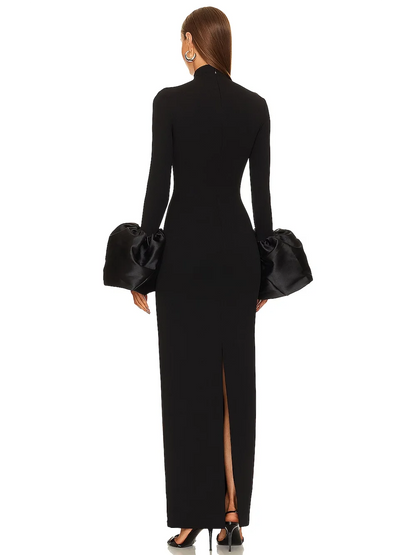 Aurora Embellished Cuff Long-Sleeve Turtleneck Maxi Dress in Black