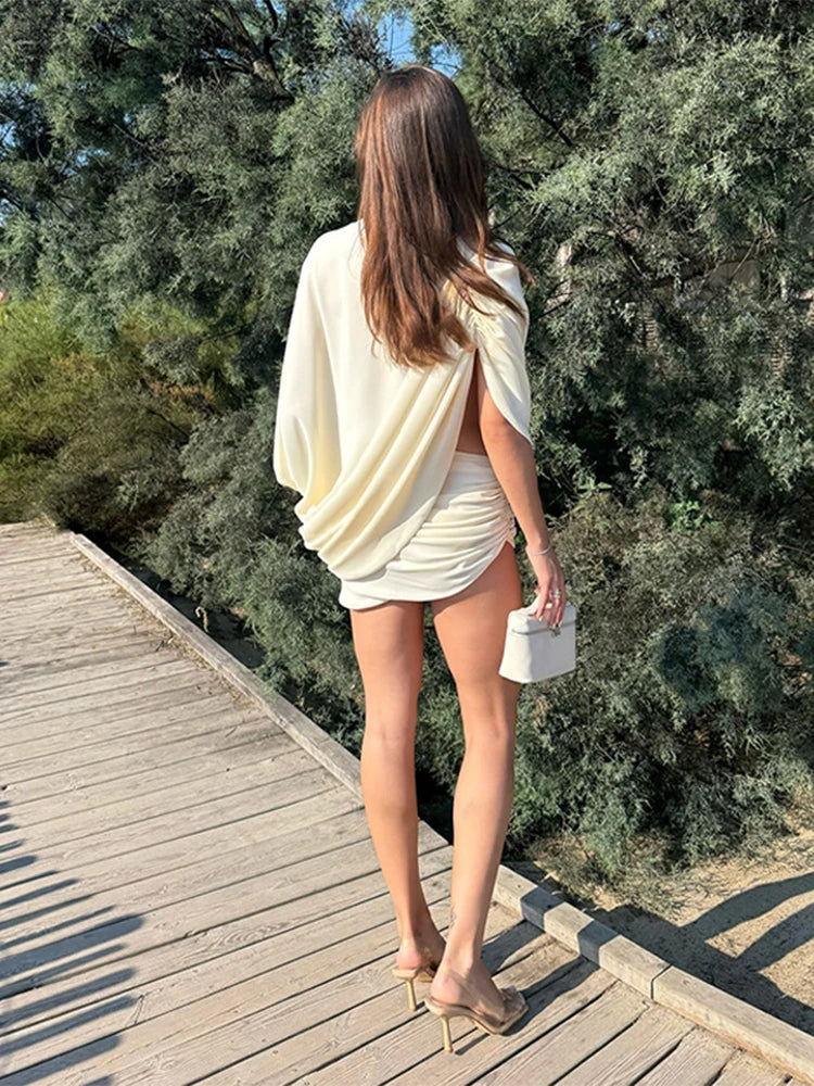 Elena Beige Mini Dress with Sleeve Detail