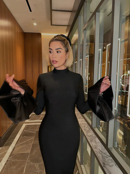 Aurora Embellished Cuff Long-Sleeve Turtleneck Maxi Dress in Black