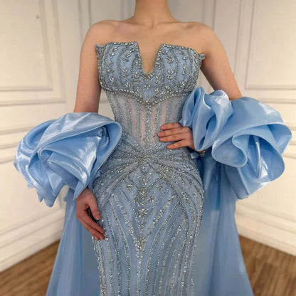 Aurette Strapless Veil-Detail Luxury Maxi Dress in Blue