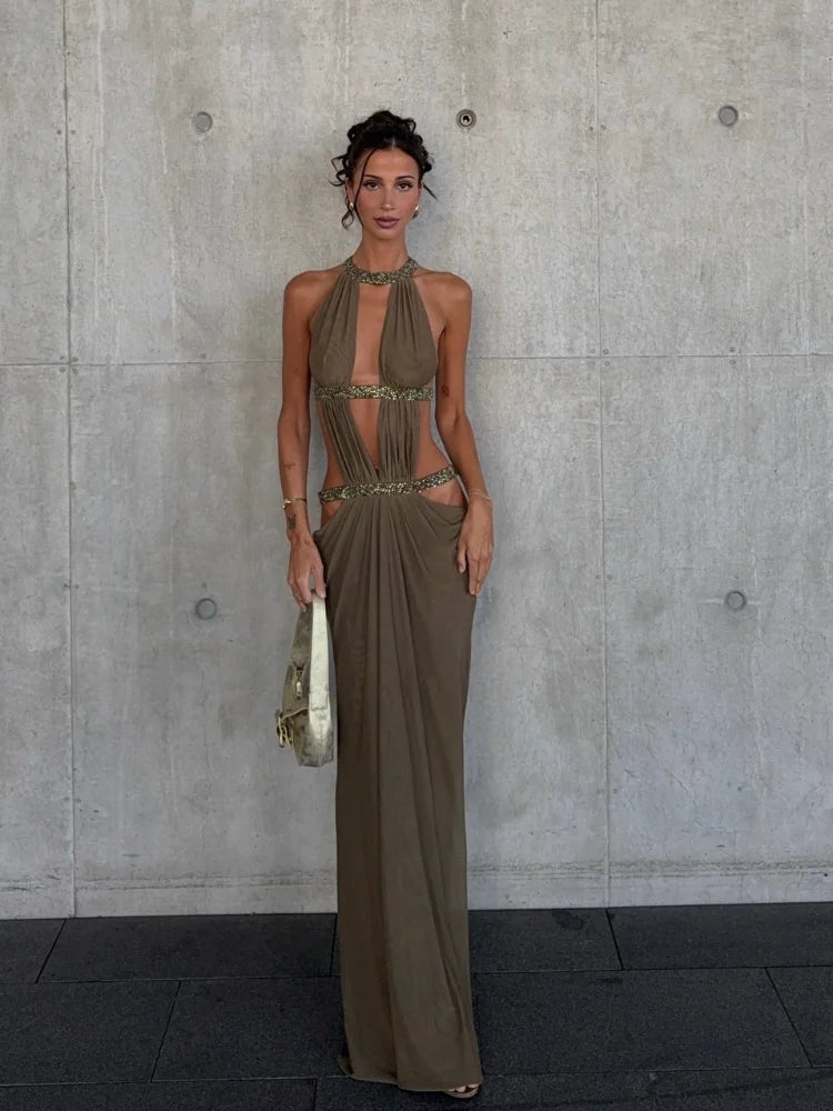 Aveline Side-Cutout Open-Back Maxi Dress in Khaki