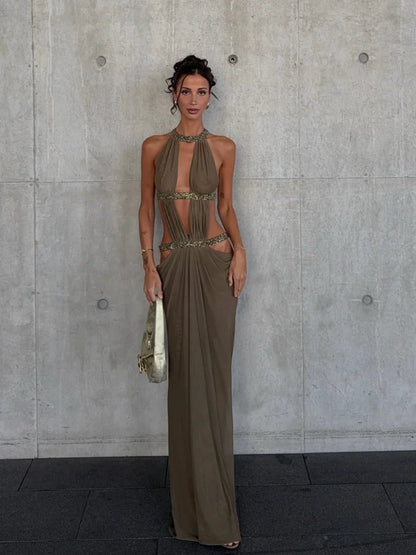 Aveline Side-Cutout Open-Back Maxi Dress in Khaki