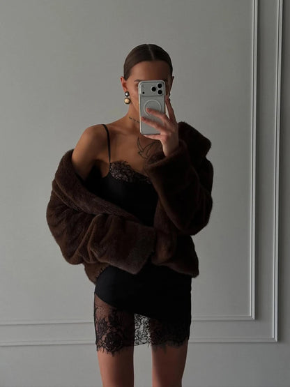 Riviera Spaghetti-Strap Lace Mini Dress in Black