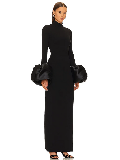 Aurora Embellished Cuff Long-Sleeve Turtleneck Maxi Dress in Black