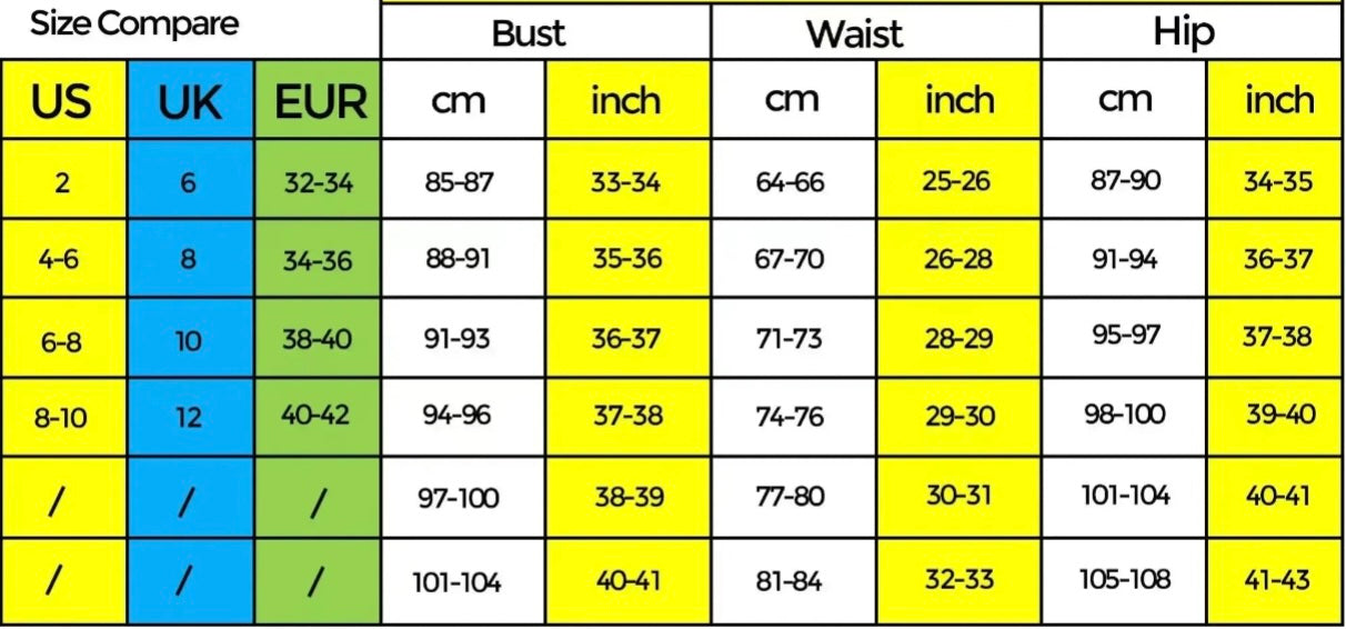 Size comparison chart for bust, waist, and hip measurements in US, UK, and EUR.