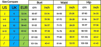 Size comparison chart for bust, waist, and hip measurements in US, UK, and EUR.