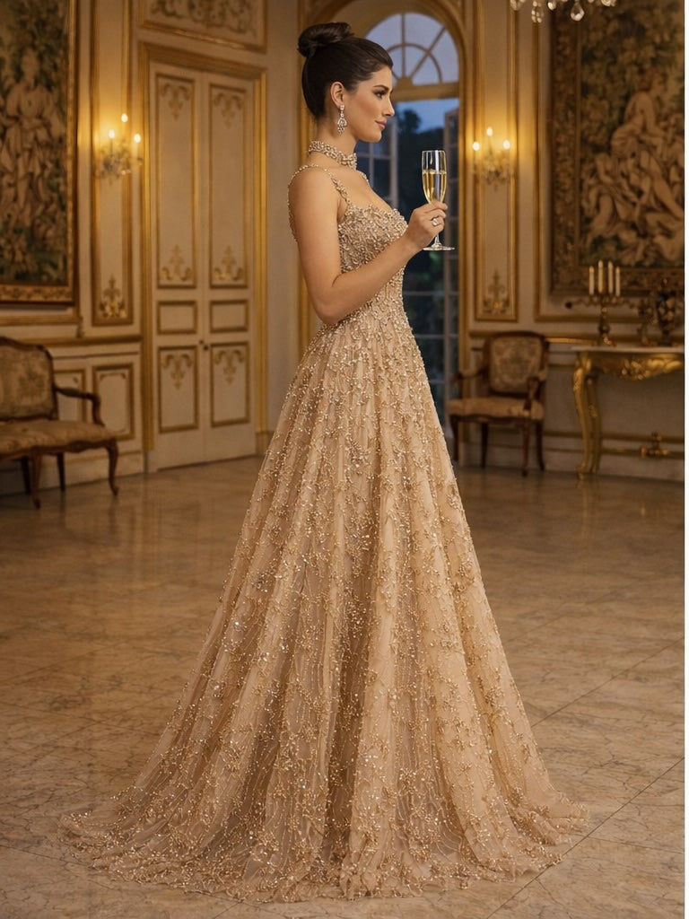 Woman in a sparkling evening gown holding a glass in an opulent room.