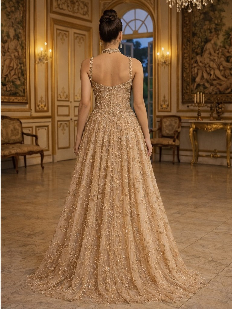 Woman in a sparkling gold evening gown standing in an opulent room with ornate decor.