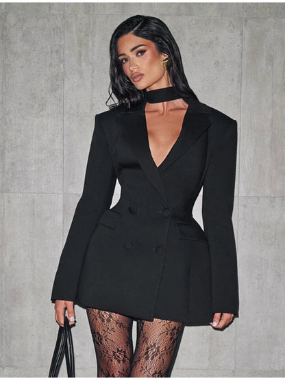 Isolde Long-Sleeve Tailored Mini Dress in Black