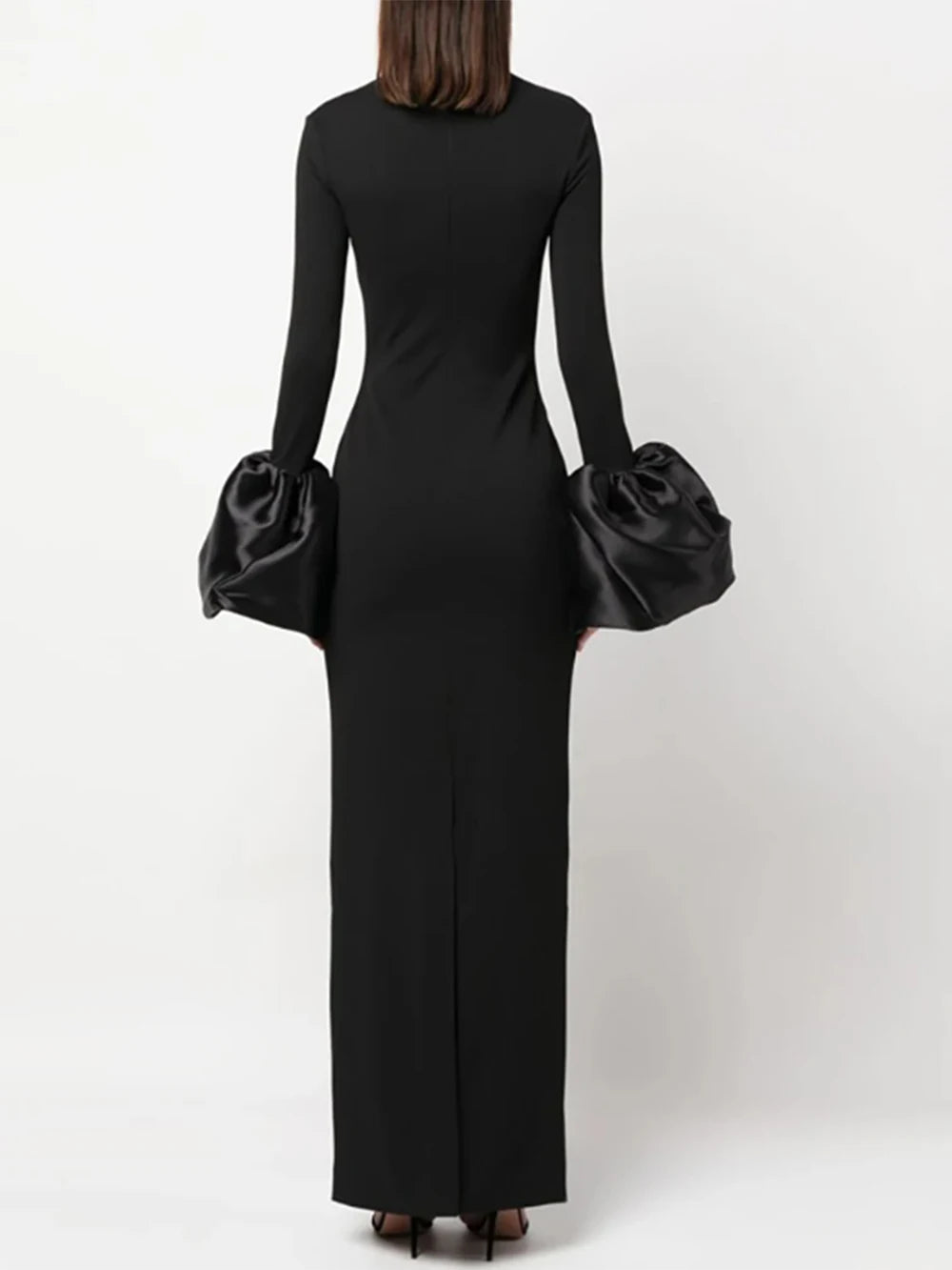 Aurora Embellished Cuff Long-Sleeve Turtleneck Maxi Dress in Black