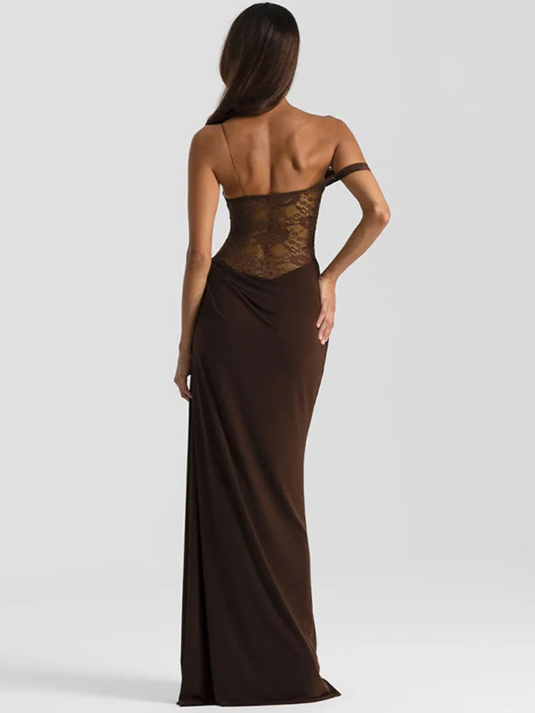 Elarae Spaghetti-Strap Lace Maxi Dress in Brown