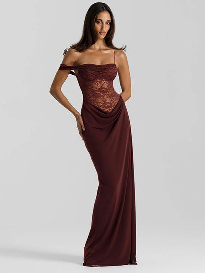 Elarae Spaghetti-Strap Lace Maxi Dress in Brown