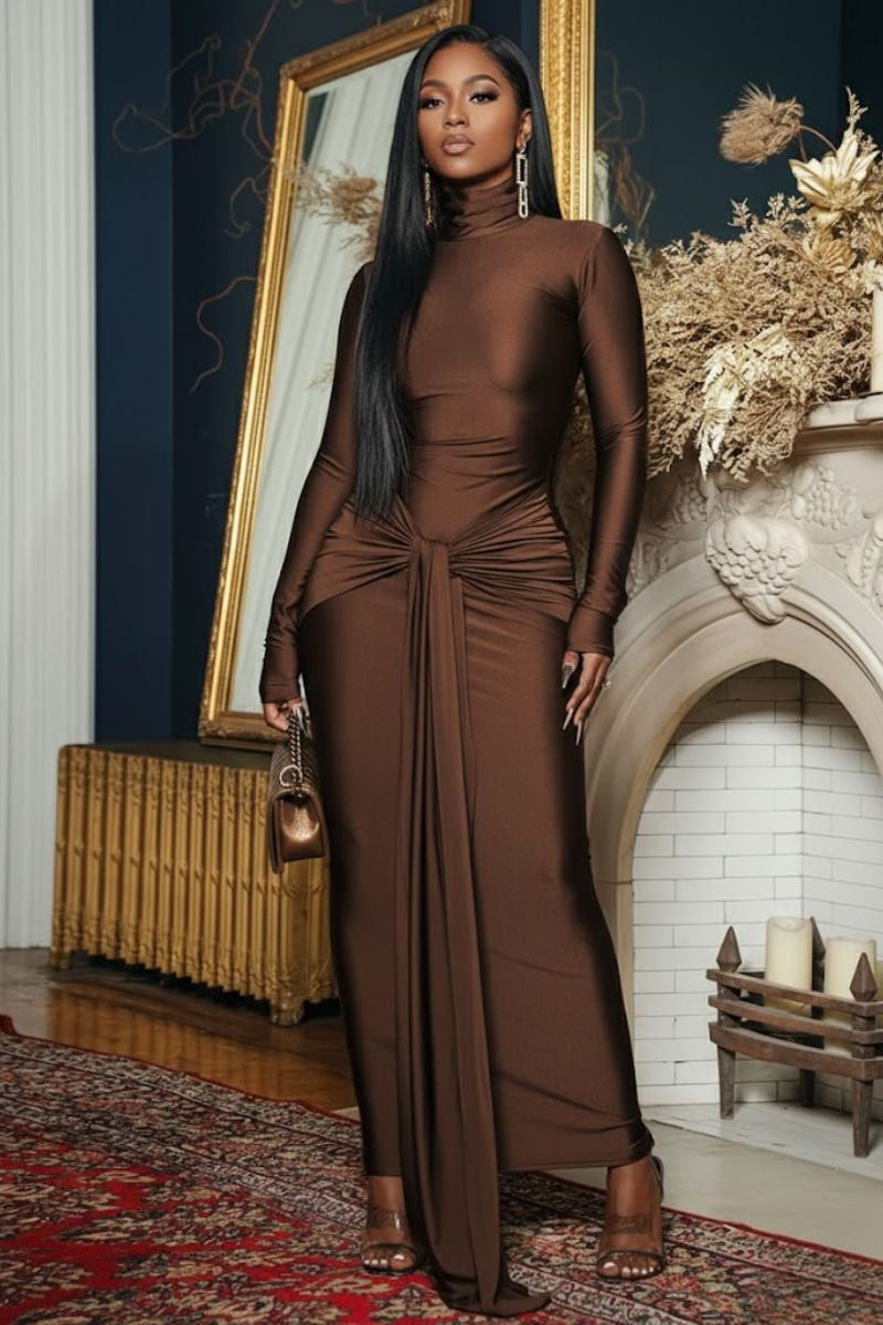 Iris Long-Sleeve Open-Back Maxi Dress in Black Lallume