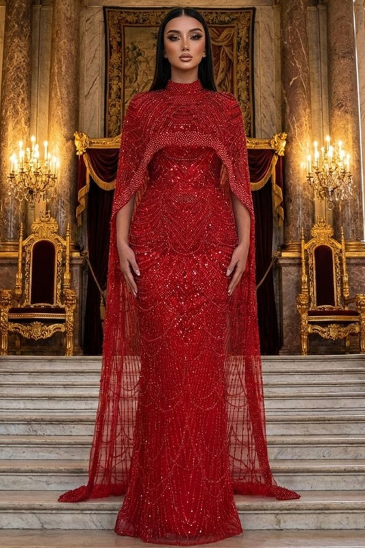 Solviera Pearl Cape Mermaid Evening Prom Dress in Red