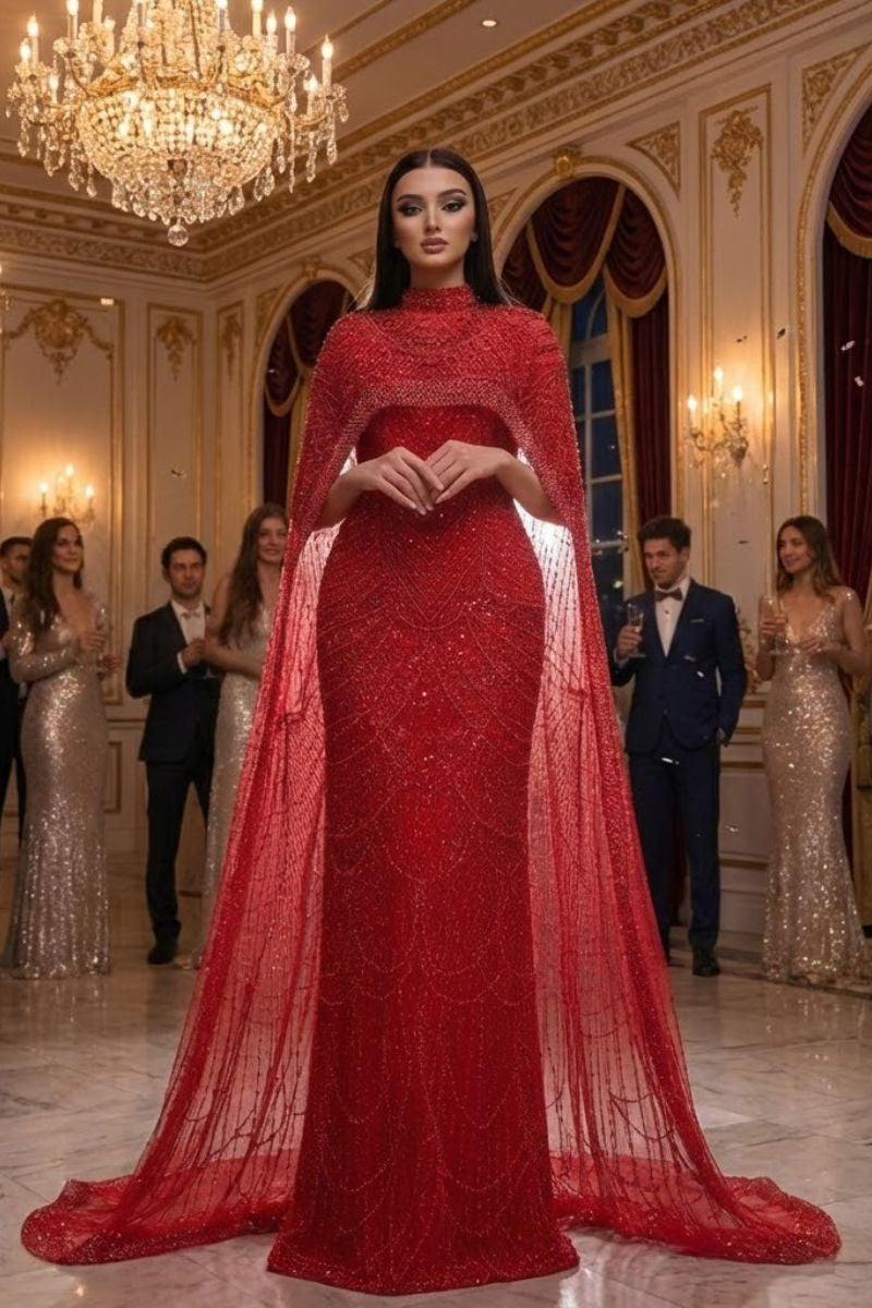 Solviera Pearl Cape Mermaid Evening Prom Dress in Red Lallume 