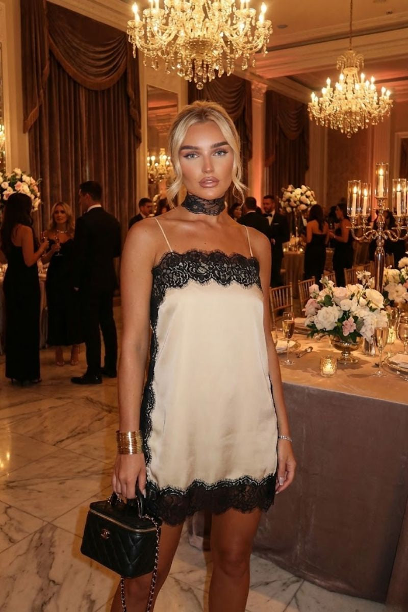 Théa Spaghetti-Strap Silk Mini Dress with Lace Detail
