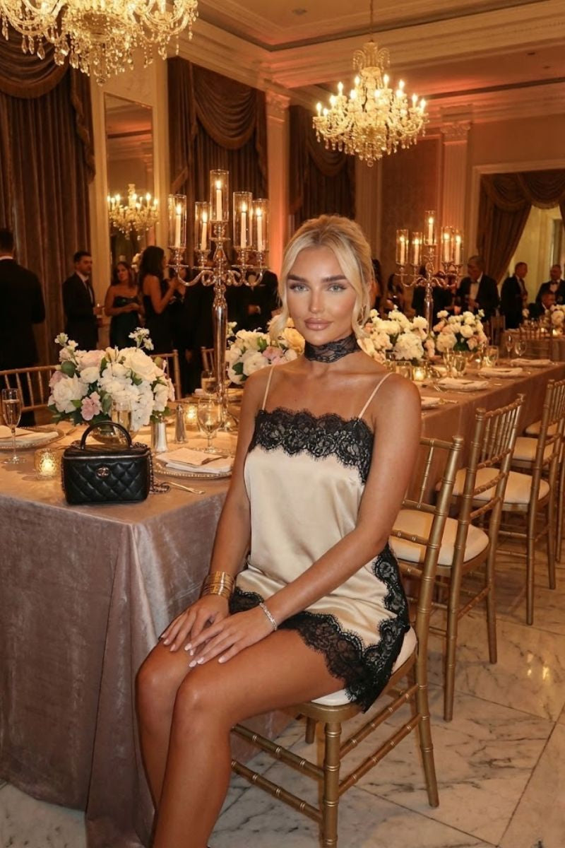 Théa Spaghetti-Strap Silk Mini Dress with Lace Detail