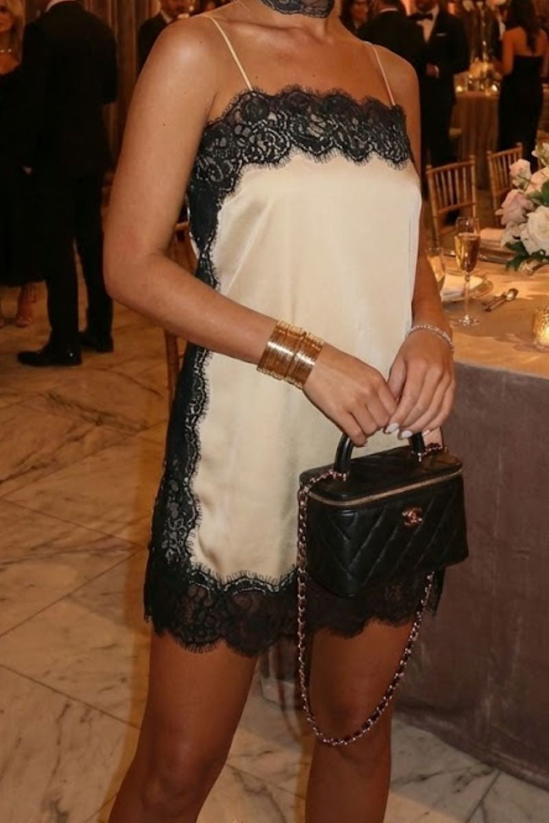 Théa Spaghetti-Strap Silk Mini Dress with Lace Detail