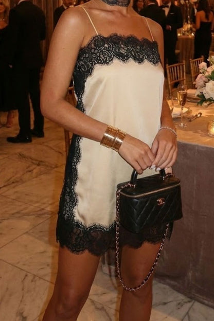 Théa Spaghetti-Strap Silk Mini Dress with Lace Detail