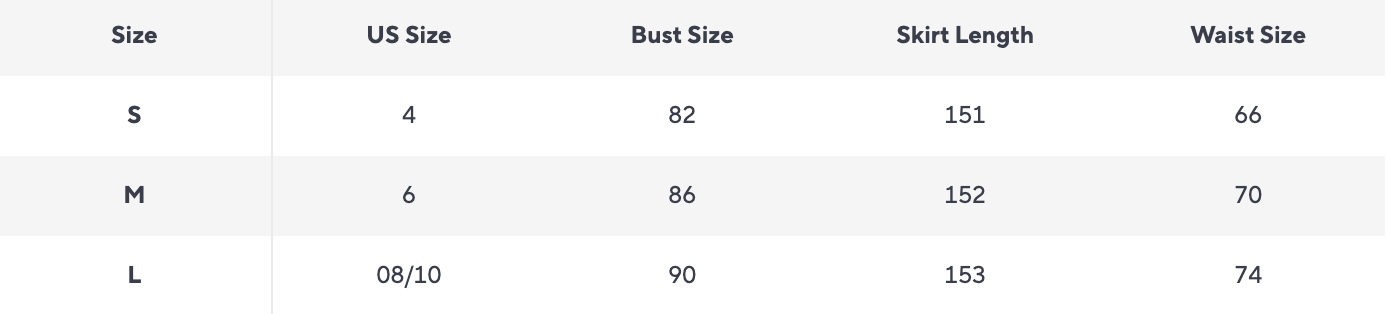 Size chart for clothing with US size, bust size, skirt length, and waist size measurements.
