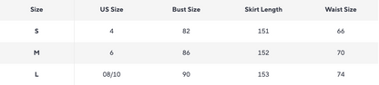 Size chart for clothing with US size, bust size, skirt length, and waist size measurements.
