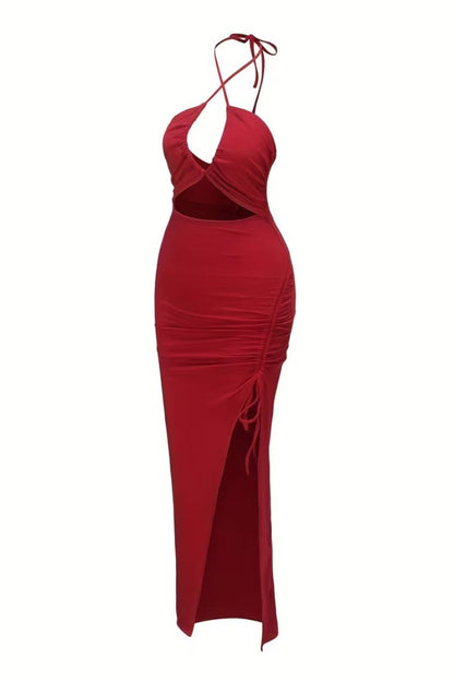 Valeria Red Strapless Side-Slit Bodycon Evening Maxi Dress