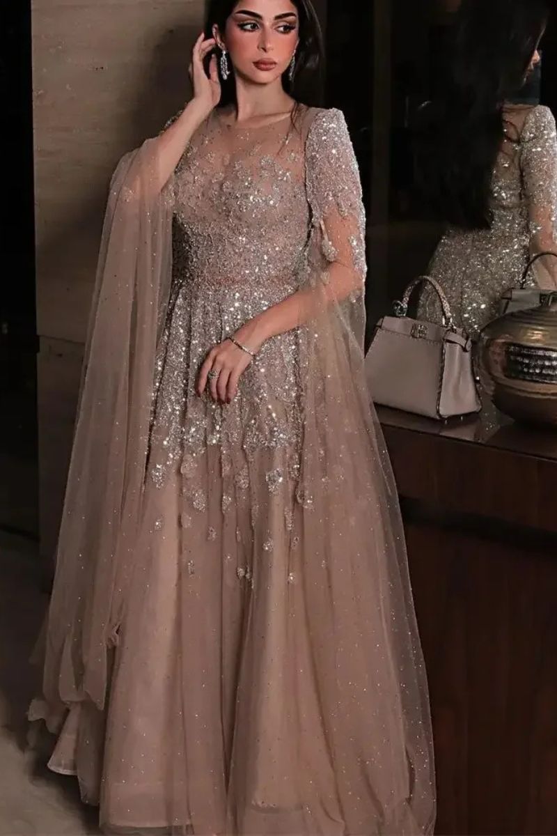 Velisse Sequin Appliqué A-Line Prom Dress in Blush Pink