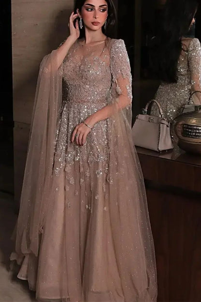 Velisse Sequin Appliqué A-Line Prom Dress in Blush Pink