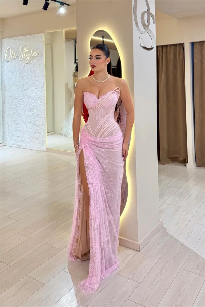 Victoria Refined Lace Prom Dress in Blush Pink