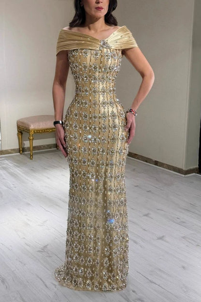 Zafira Crystal Off-Shoulder Prom Dress in Soft Gold